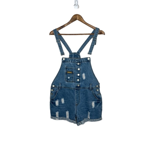AvaCostume Blue Denim Distressed Bib Overalls Shorts - Picture 2 of 11